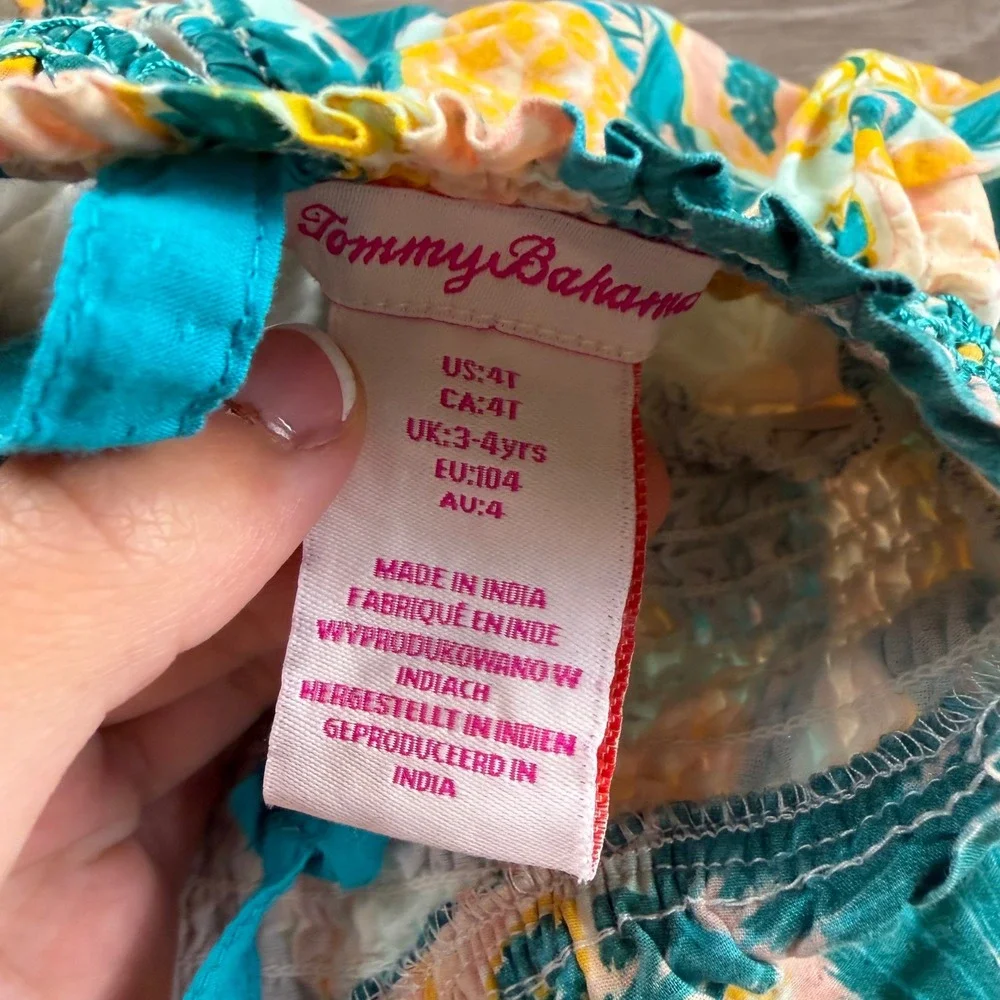 Tommy Bahama Girls Jumpsuit Tropical Fruit Print Smocked Cotton Teal 4T